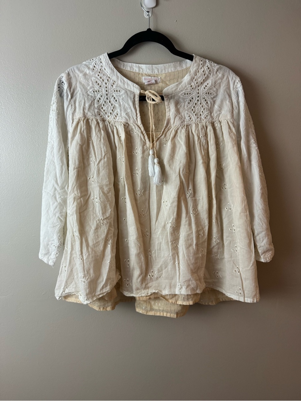 Shabby Chic Boho Embroidered Eyelet Peasant Top Large